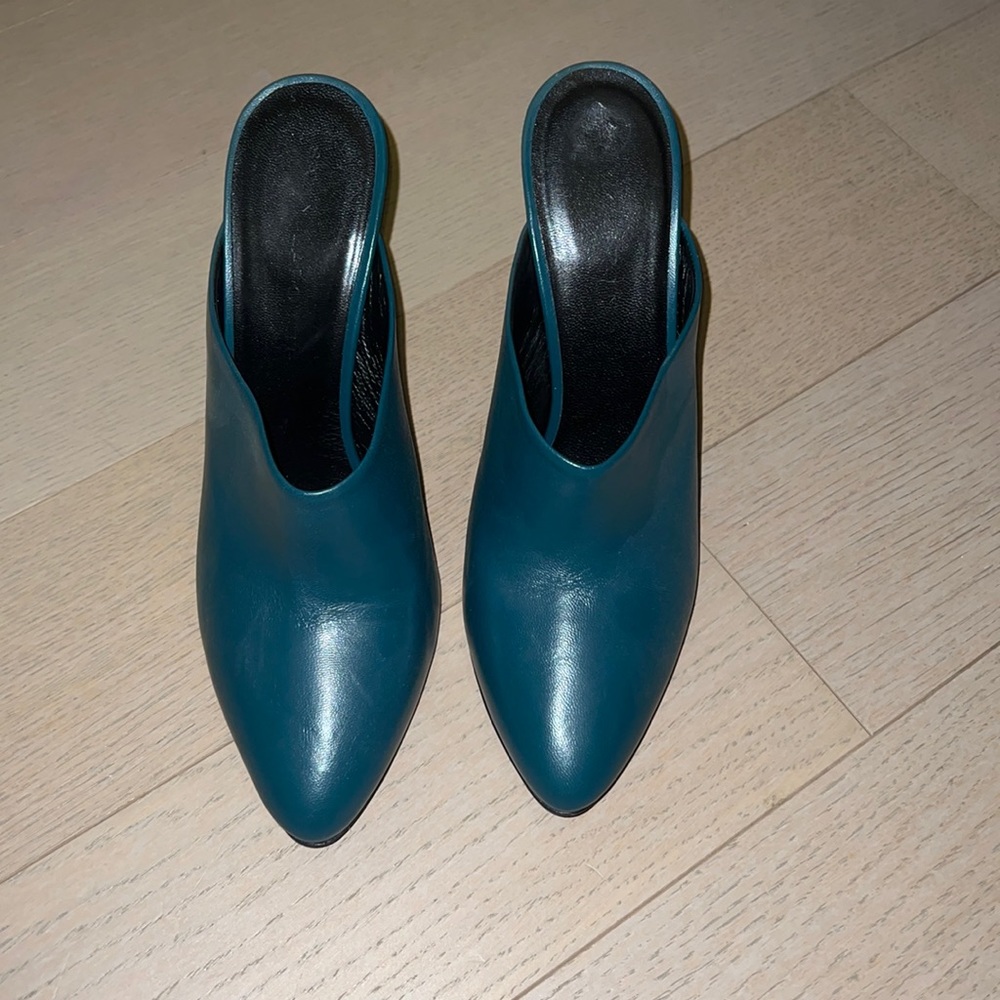 SOLD Sally LaPointe Leather Mules Heels in Teal